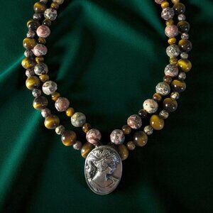 Cameo Necklace, White Copper, Tiger Eye, Leopard Jasper